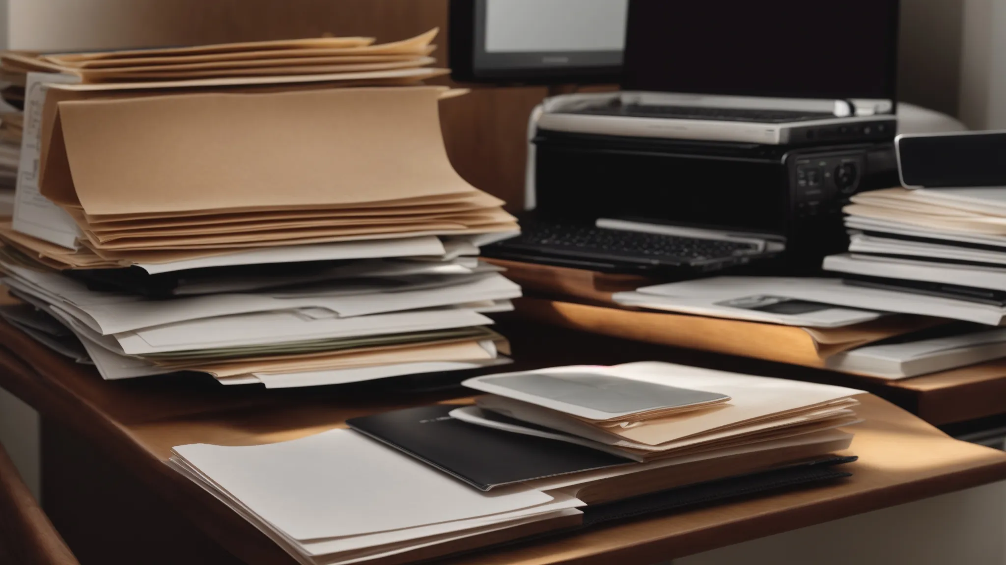 a neat desk with a stack of organized folders and a laptop open to a blank document.