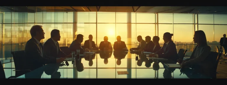 two groups of business people engaged in intense discussions at a round table in a modern conference room.