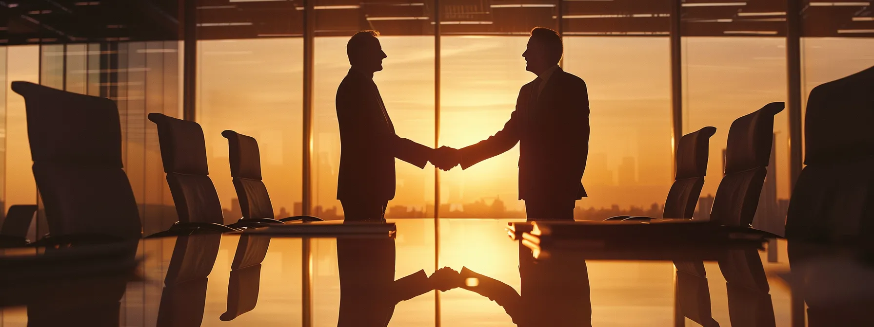 two diplomats shaking hands in front of a conference table with legal documents spread out.