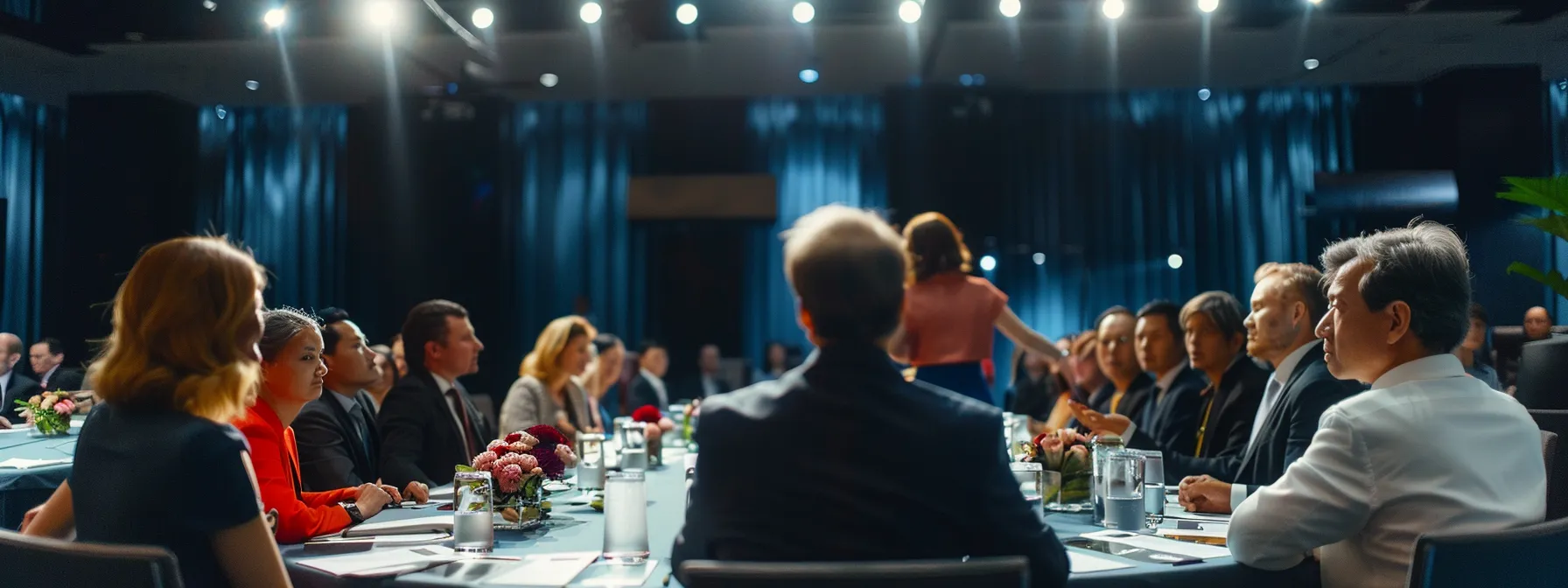 international delegates engaged in a negotiation dance around a conference table, expressing diplomatic gestures of compromise and collaboration.