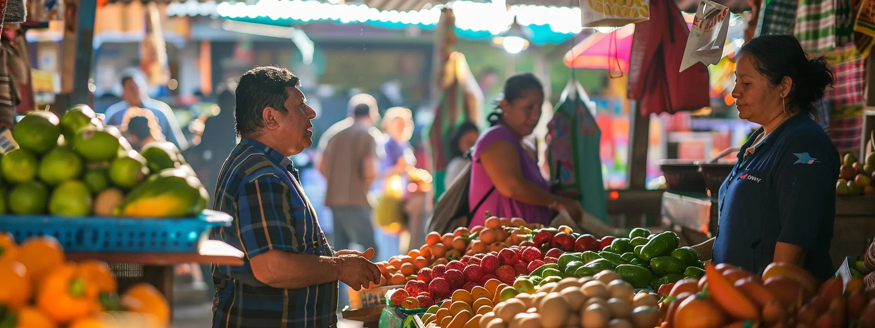 trade representatives from different central american countries exchanging goods at a bustling international market.