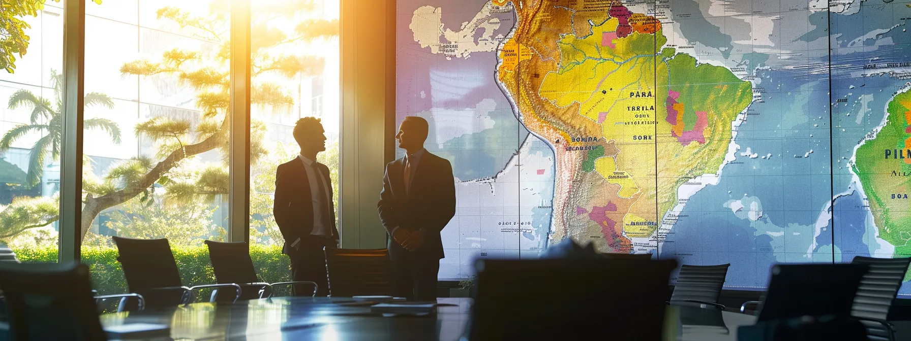 two individuals in a conference room discussing international arbitration mechanisms over a map of central america.