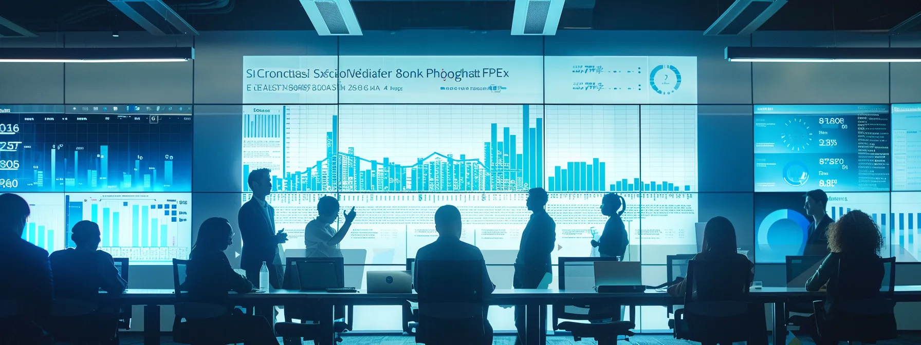 a group of researchers analyzing data charts and graphs on large screens in a modern office meeting room.