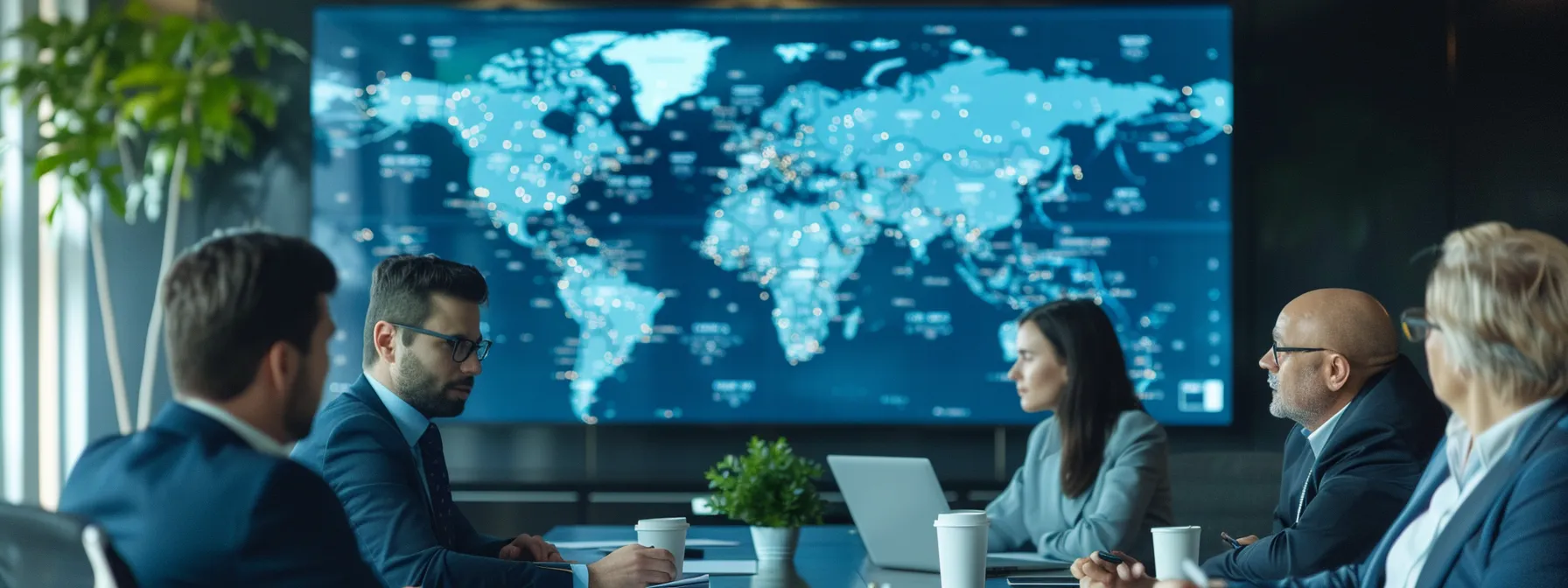 investors discussing investment opportunities in a conference room with a world map in the background.
