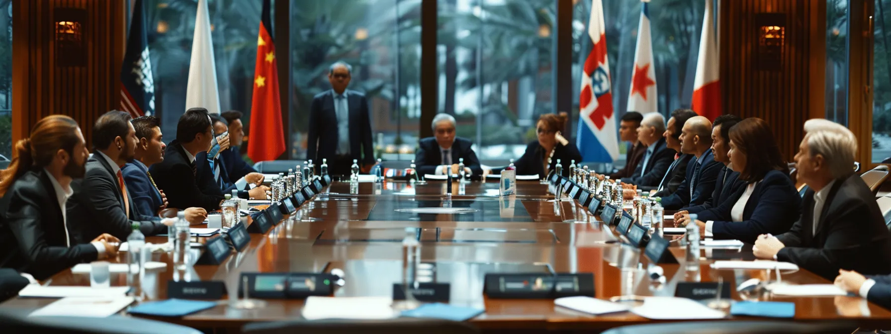 intense negotiation discussions between representatives of different nations at a conference table.