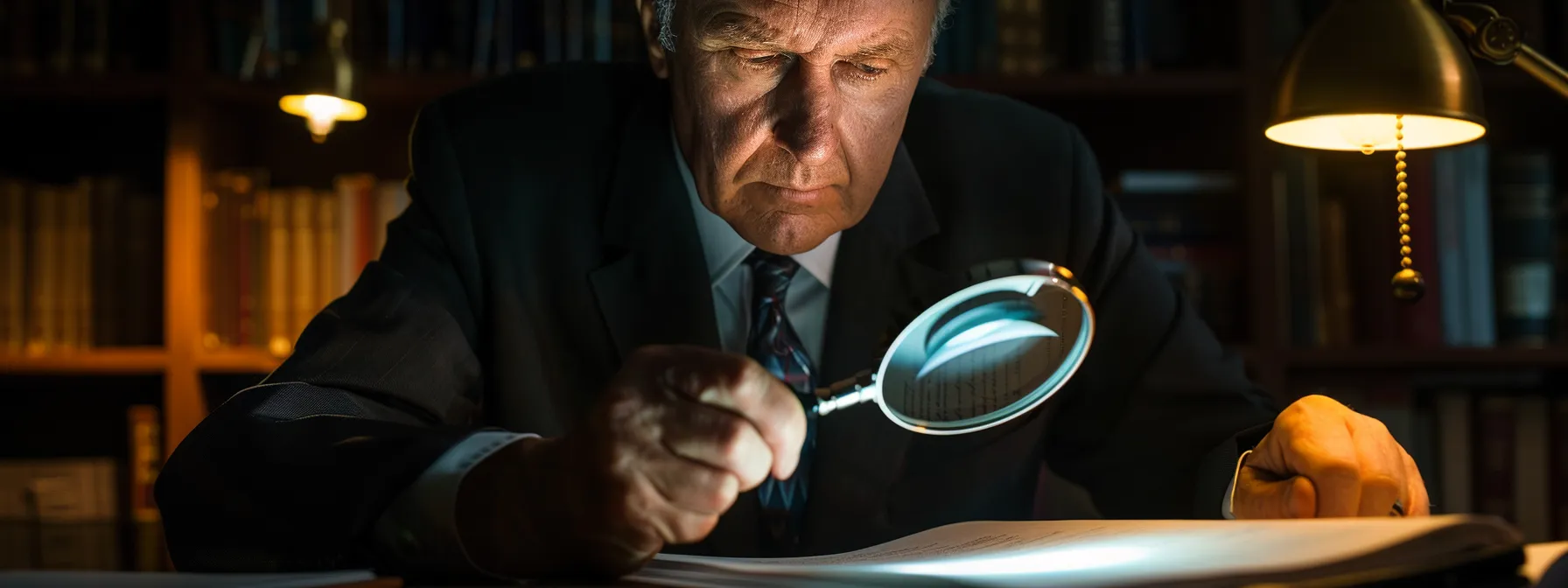 a focused arbitrator carefully considering legal documents under a magnifying glass in a dimly-lit room.