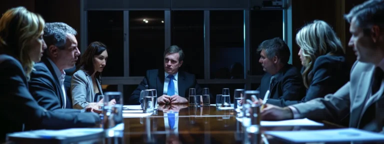 a group of people sitting around a conference table discussing legal documents.