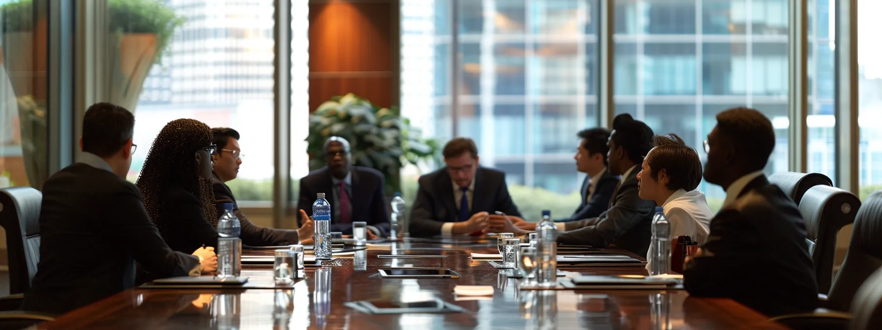 a diverse group of legal experts from around the world collaborating in a boardroom, mapping out strategic provisional measures in an icsid arbitration case.