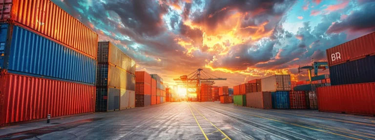 a group of cargo containers stacked high in a bustling port under a dramatic sunset sky, representing the complex interconnectedness of global supply chains and the challenges posed by trade tariffs.