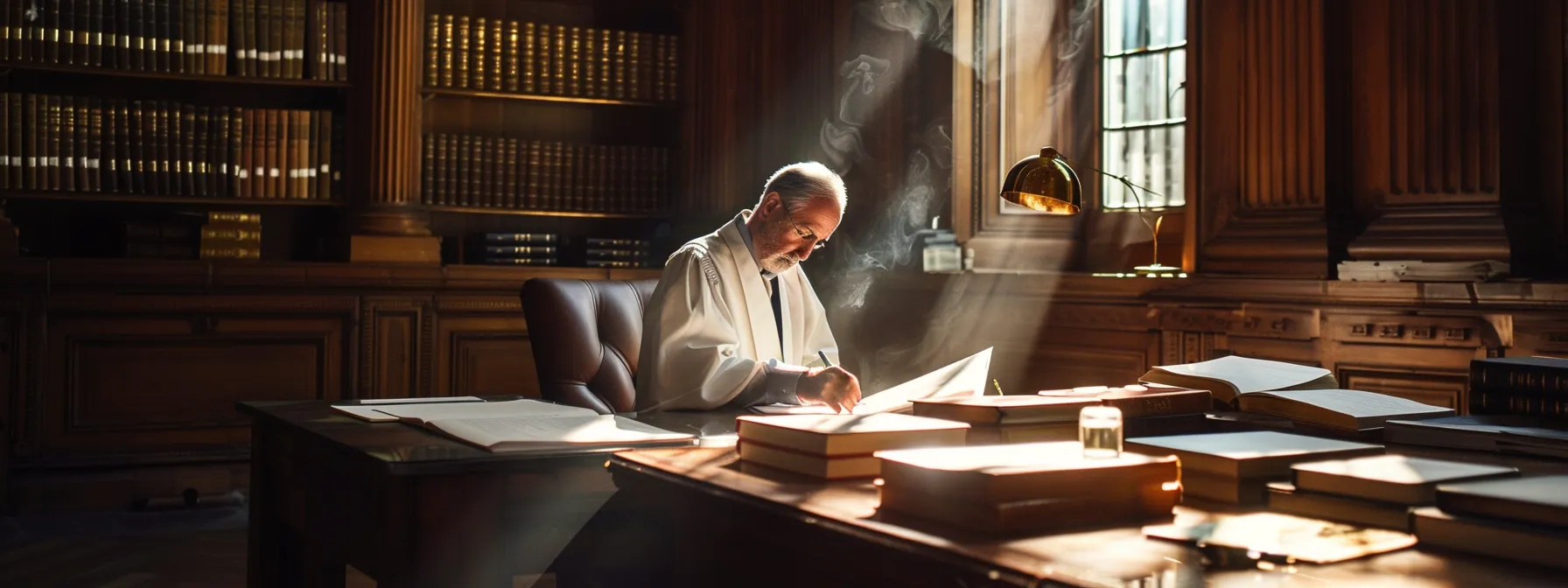a solemn judge presiding over a courtroom, surrounded by books and legal documents, illustrating the importance of enforcement and compliance with tribunal orders in international arbitration.