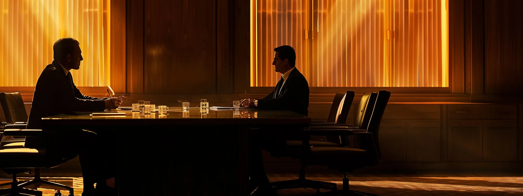 a determined investor consulting with a seasoned adjudicator, navigating legal complexities in a dimly lit courtroom for Wrongful Expropriation.