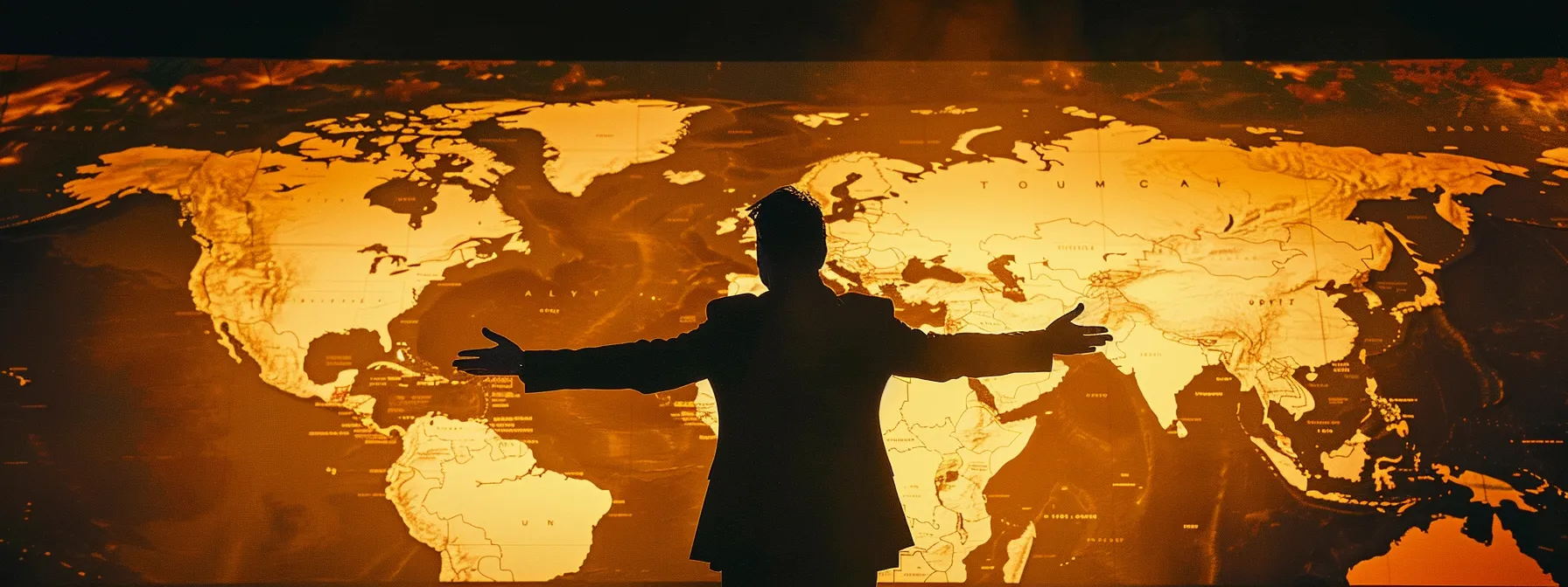 a silhouette of a lone investor standing in front of a world map, with one hand reaching out towards countries marked with legal boundaries and the other hand protecting assets in sectors like fossil energy, representing the importance of understanding wrongful expropriation in international investment law.
