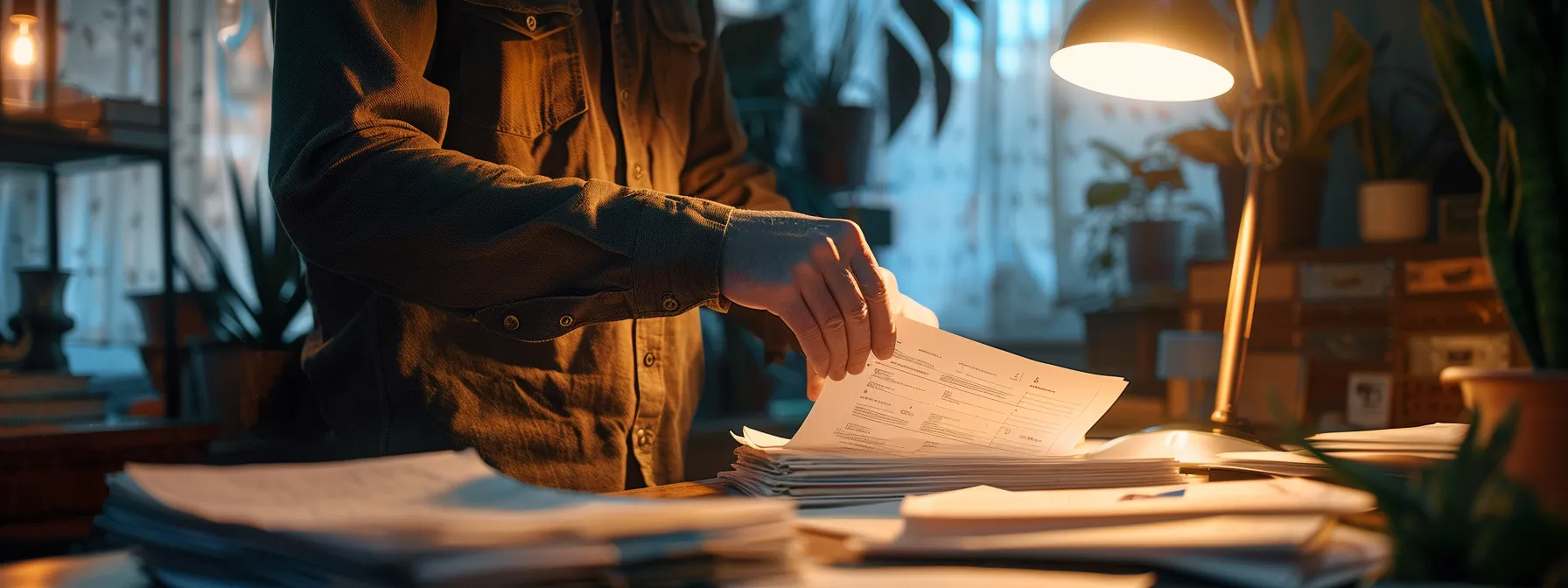a person carefully inspecting a stack of detailed customs documents under a bright light in a clutter-free office setting.