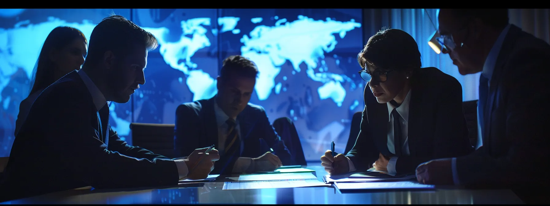 a group of business professionals analyzing maps and charts in a boardroom, strategizing for global risk management.