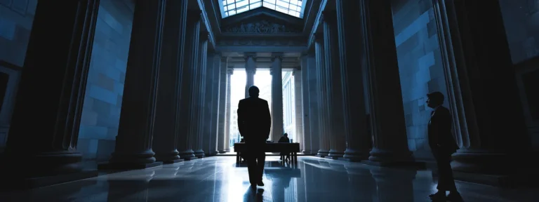 an imposing government building with a shadowy figure looming over a nervous-looking investor at a negotiation table.