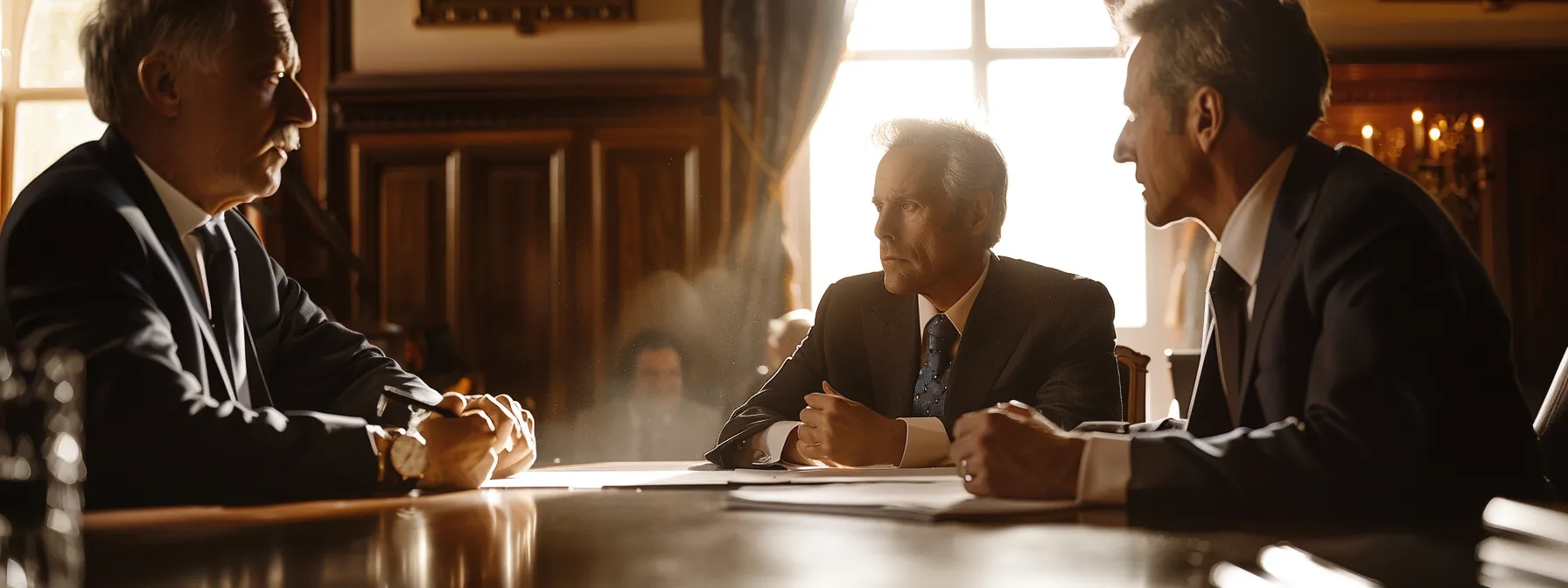 a group of attorneys deep in discussion, drafting a detailed global distribution agreement with focused determination.