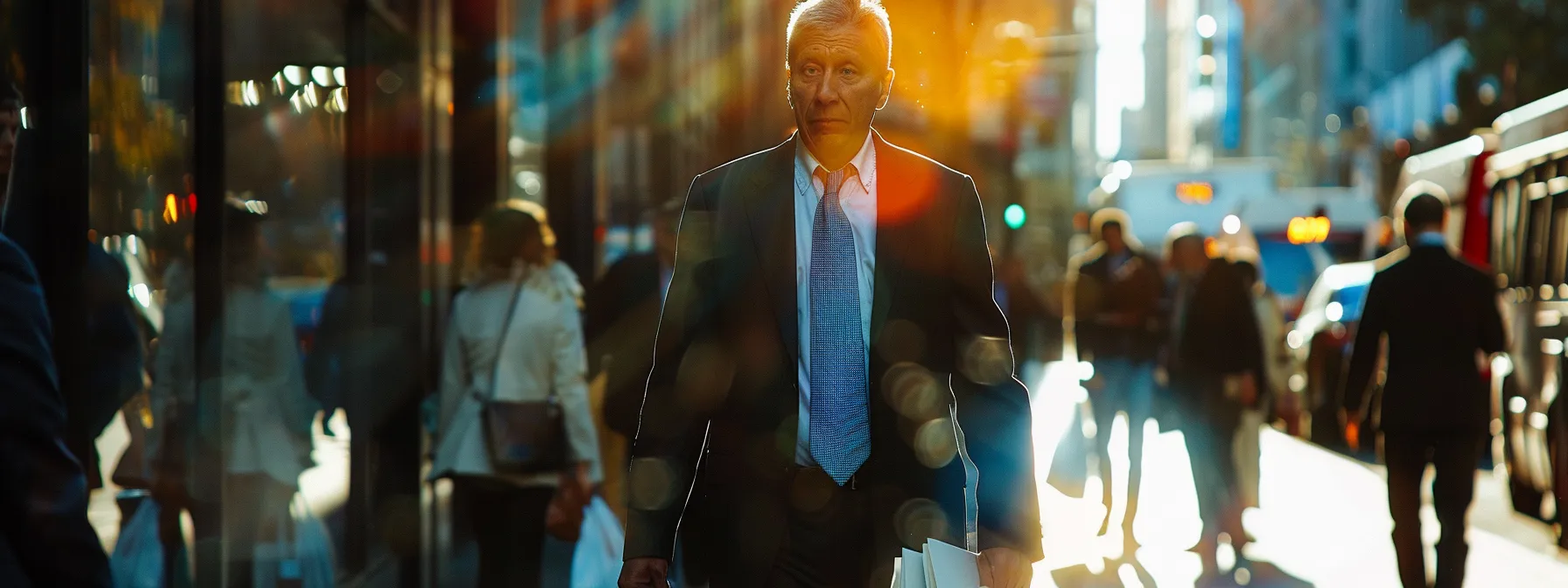 amidst a bustling financial district, a businessman confidently makes a secure transaction using cutting-edge technology to manage currency exchange and payment risks globally.
