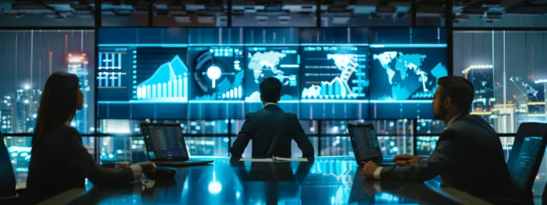 a group of diverse business professionals strategizing in a sleek boardroom filled with charts and graphs.