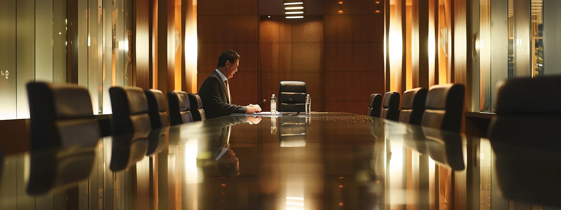 an investor at a conference table in a modern boardroom, confidently engaging in international arbitration proceedings with the support of a bilateral investment treaty.