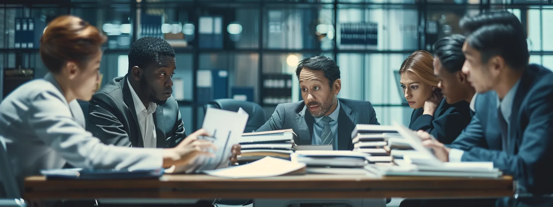 a diverse group of business professionals surrounded by stacks of legal documents, discussing international trade laws and agreements in a modern boardroom setting.