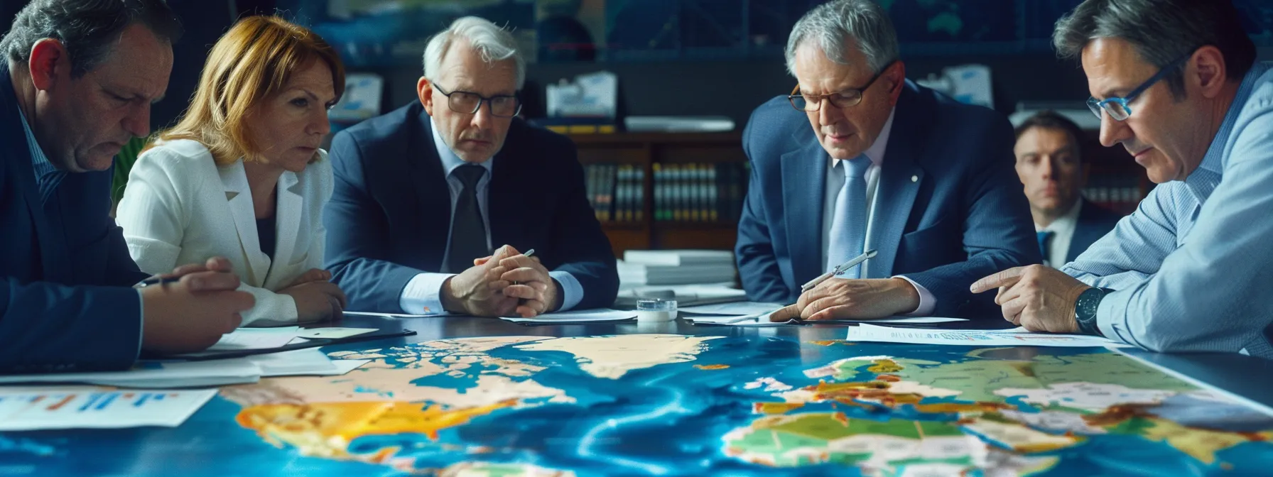 a photo of a group of diverse investors carefully analyzing a world map with marked bilateral investment treaties, surrounded by stacks of research papers and data charts, showcasing their strategic approach to foreign direct investment.