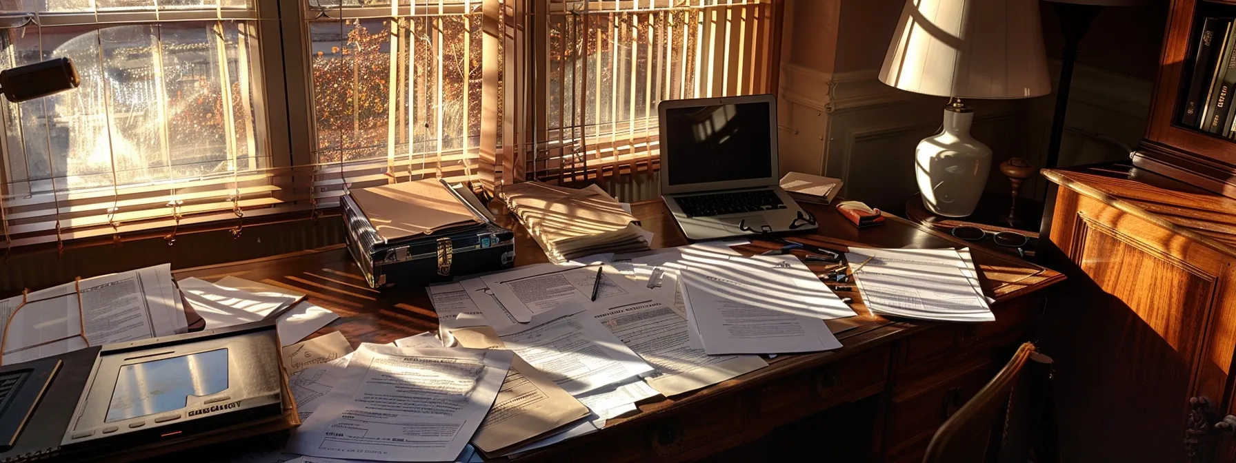 a desk scattered with property documents and a laptop, surrounded by legal professionals reviewing a purchase assignation agreement.