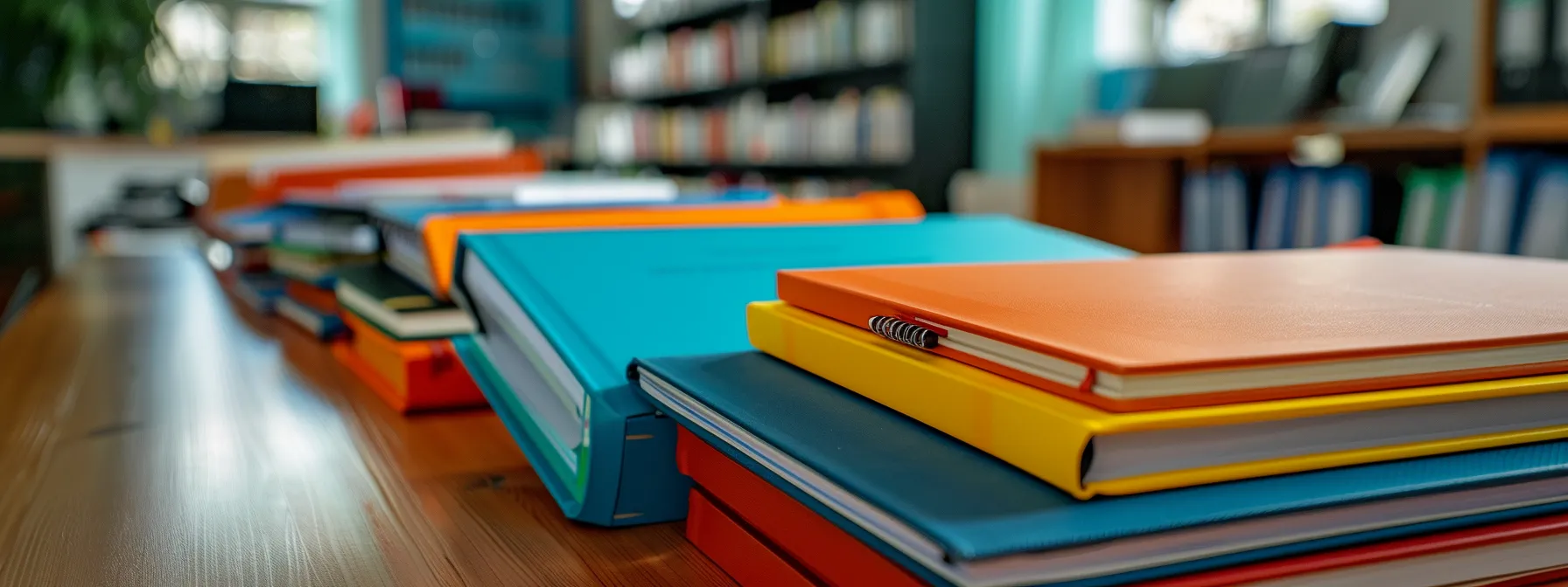 a diverse collection of colorful fidic contract books arranged neatly on a table, showcasing the various options available for construction projects.