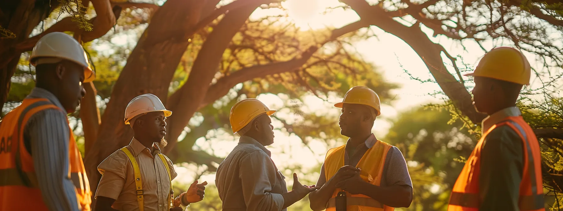 a diverse group of construction professionals engaged in a collaborative discussion under the shade of an acacia tree in the heart of africa.