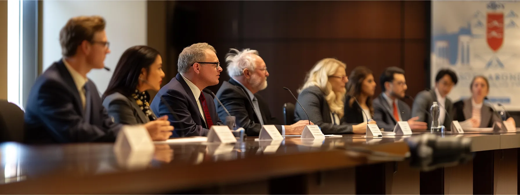 a group of arbitrators sitting at a table filled with legal documents and advanced technology, discussing and strategizing during a complex arbitration hearing.