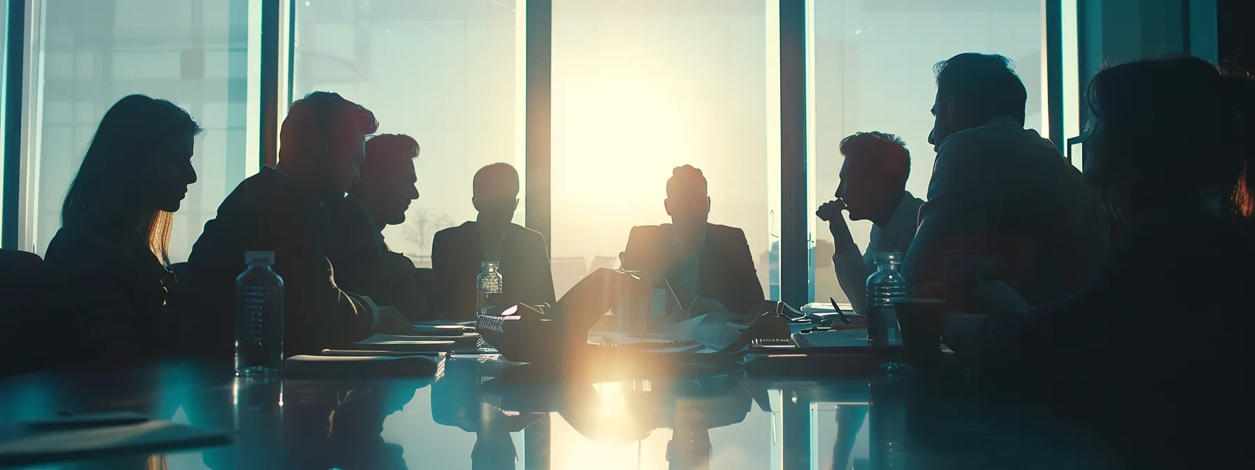 a group of construction professionals studying a detailed contract document under the bright light of a conference table.