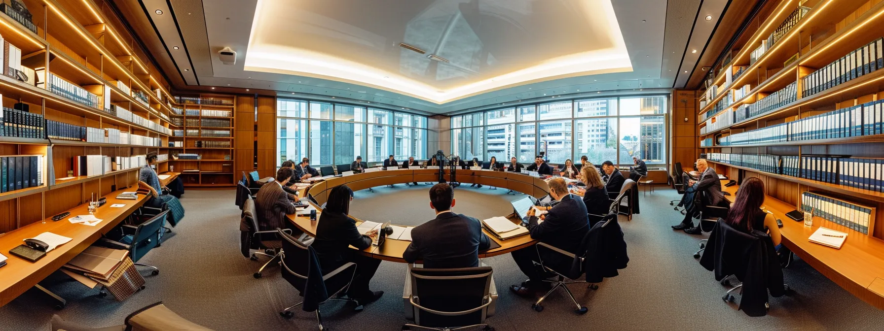 a group of lawyers engaged in intense arbitration discussions in a modern conference room, surrounded by thick law books and legal documents.