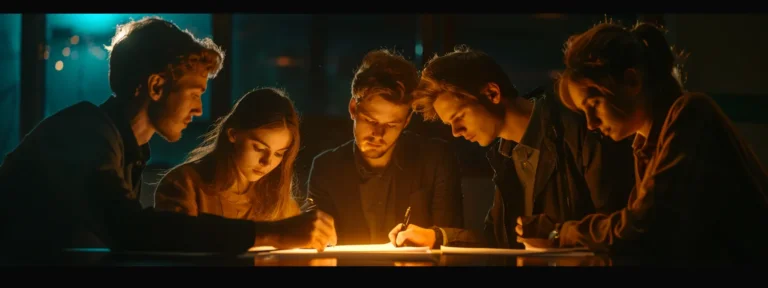 a group of people signing a formal contract under the glow of soft lighting.