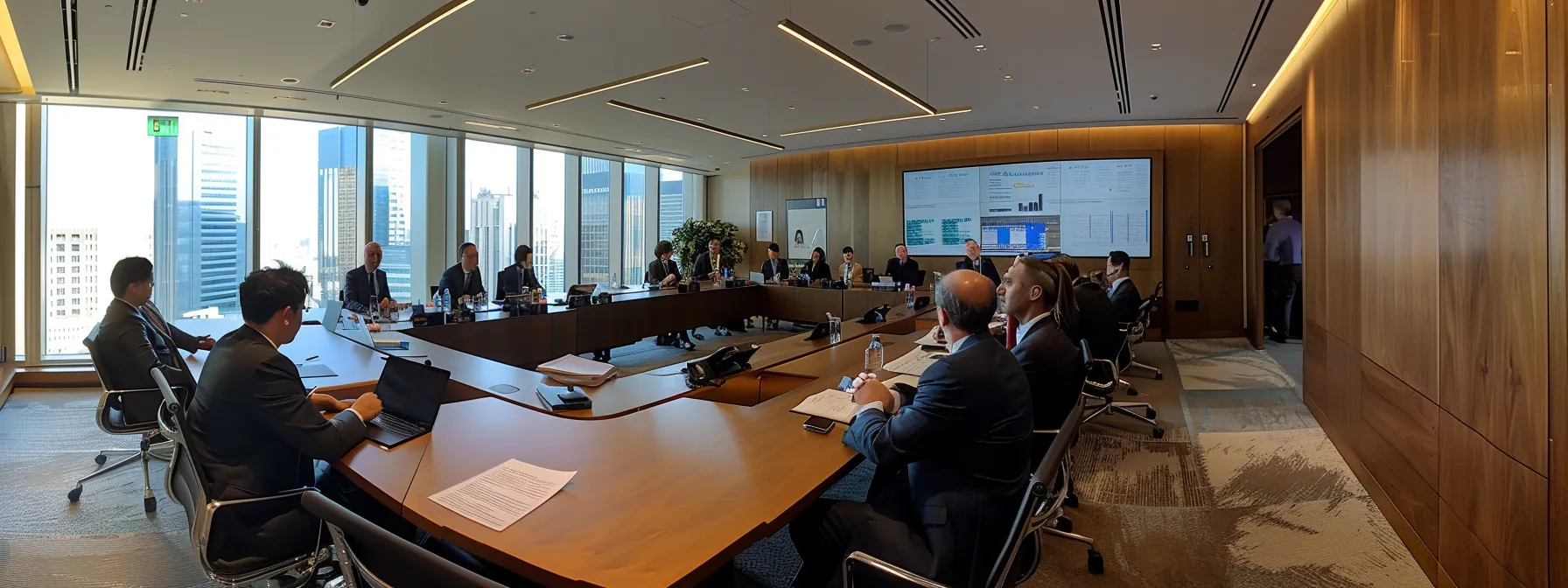 a group of professionals in a modern boardroom, engaged in a lively discussion on fidic contracts and icc arbitration, surrounded by charts and legal documents.