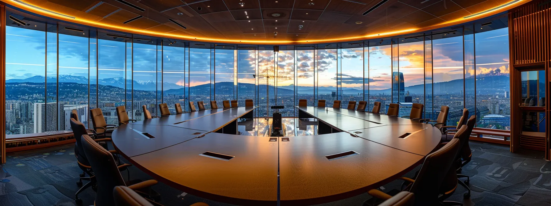 a sleek, modern arbitration hearing room in geneva, set against a backdrop of cityscape views, symbolizing the ethical framework of icc arbitration for construction disputes.