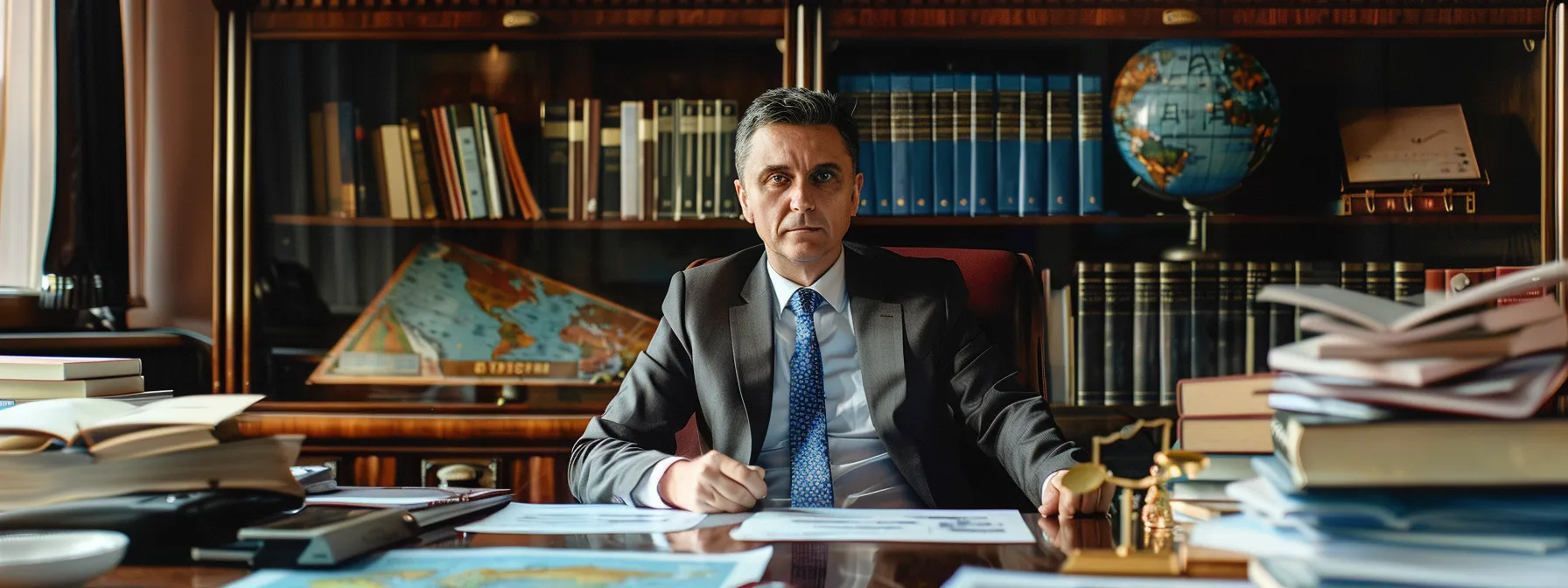 a lawyer sitting at a polished mahogany desk, surrounded by stacks of legal documents and a world map, discussing international investment strategies with a serious and focused demeanor.