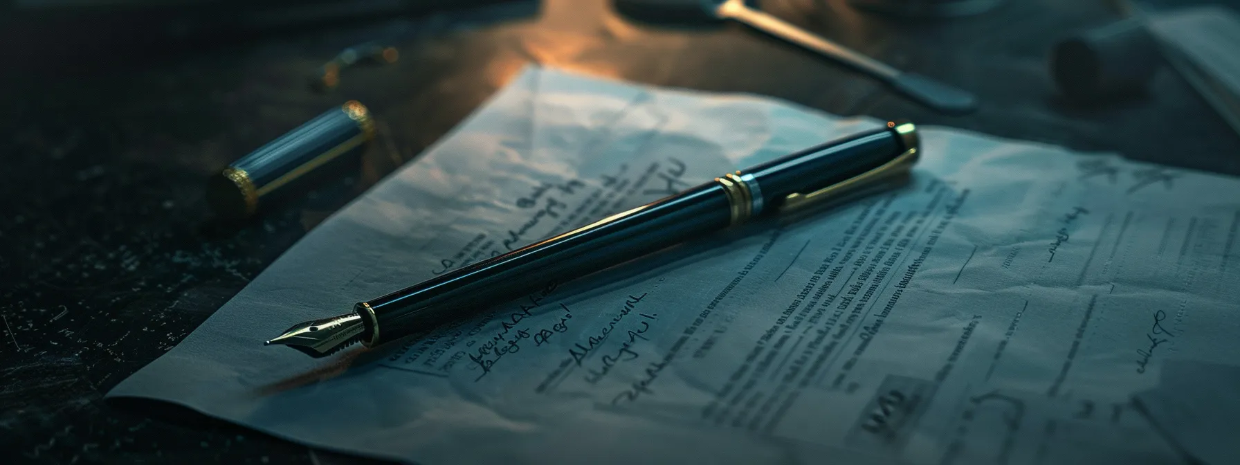 an elegant pen poised over a sophisticated contract detailing key elements of a purchase assignation agreement.