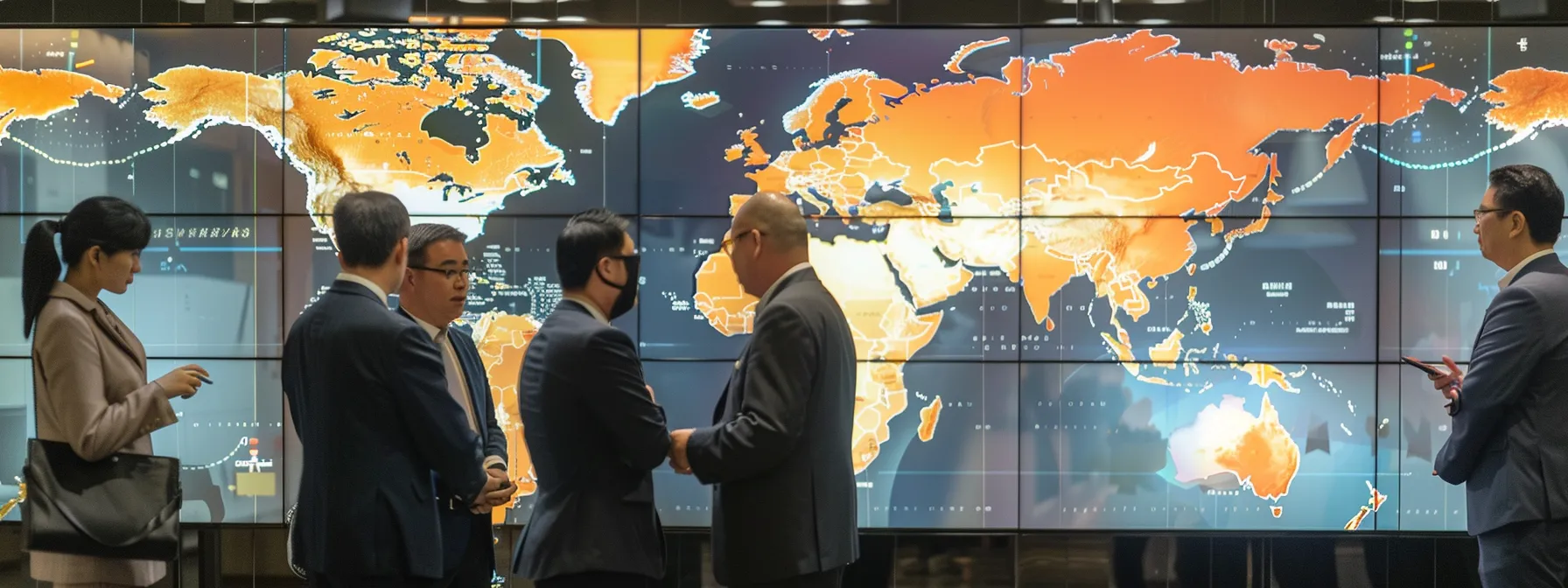 a diverse group of professionals gathered around a conference table, discussing global distribution and manufacturing agreements, with a world map in the background highlighting key jurisdictions.