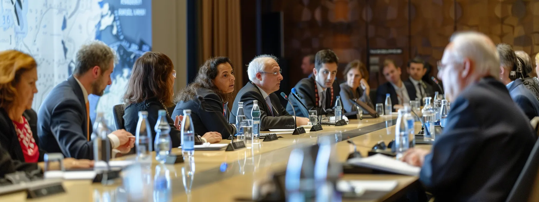 a group of investors gathered around a negotiating table with un guidelines displayed in the background, discussing robust dispute resolution clauses and political risk insurance to protect their international investments against Wrongful Expropriation.