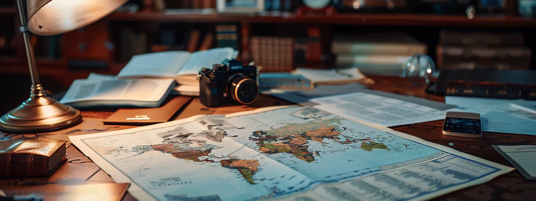 a table cluttered with legal documents and a world map with highlighted countries for international patent and trademark registration.