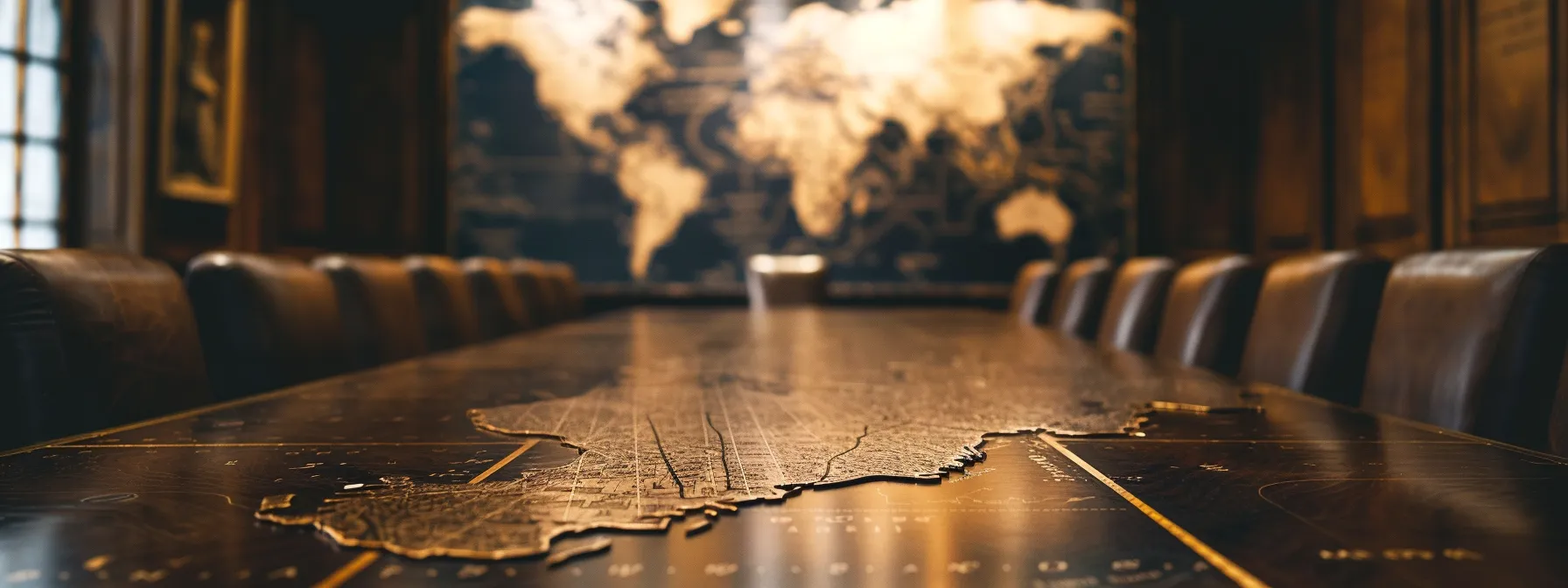 an elegant conference room table with a world map in the background, highlighting the importance of including international arbitration clauses in global agreements.