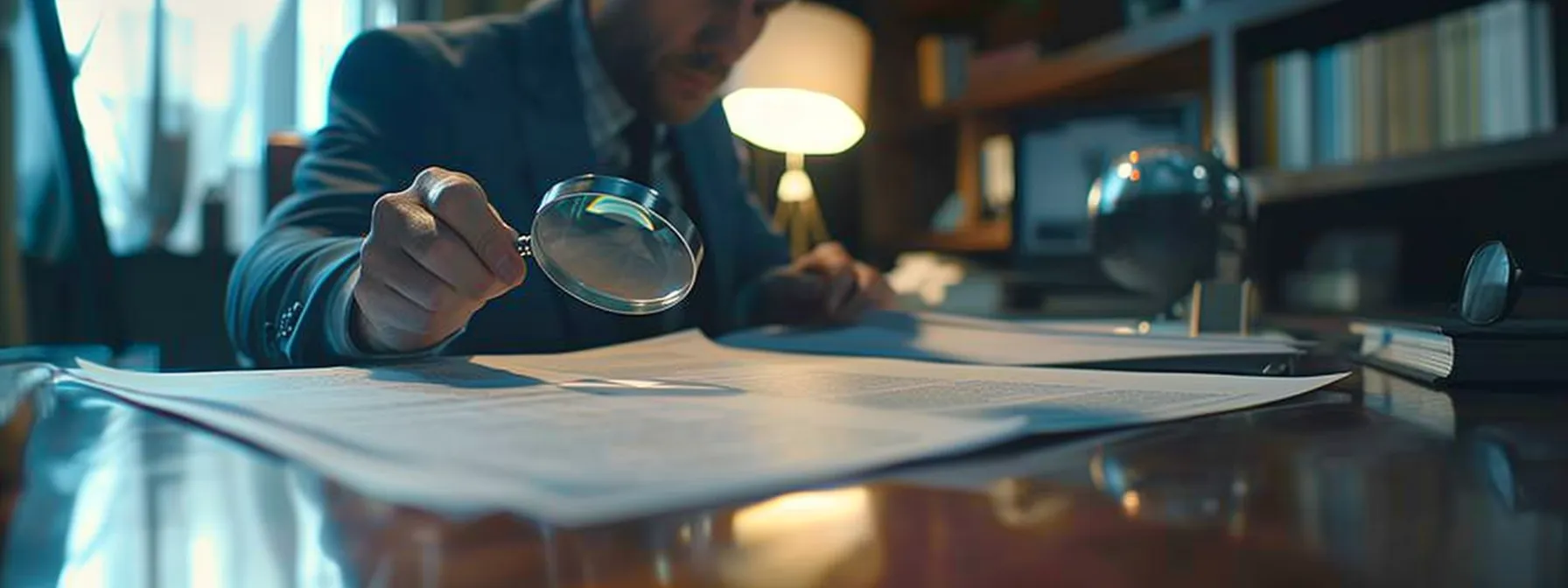 a businessman reviewing a detailed, organized sblc contract with a magnifying glass on a sleek, modern desk. Businessman examining legal documents with a magnifying glass in a professional office setting, emphasizing due diligence and contract clarity in relation to SBLC agreements.