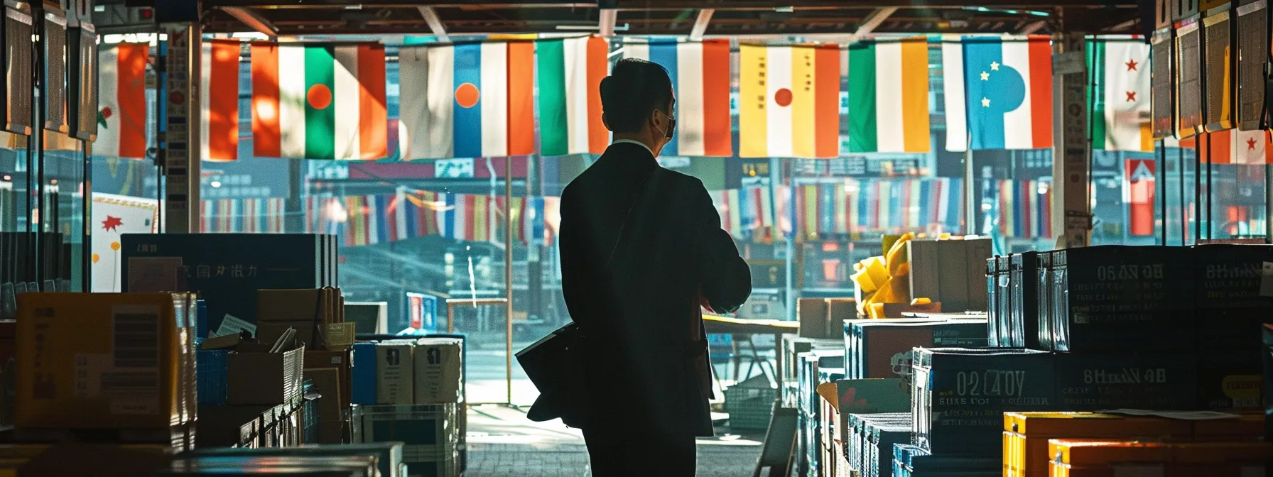 a businessman standing at a customs checkpoint, carefully inspecting paperwork for imported goods, surrounded by international flags representing various trading partners. Businessman in suit standing among shipping boxes, observing international flags, symbolizing global trade and compliance with import/export laws.