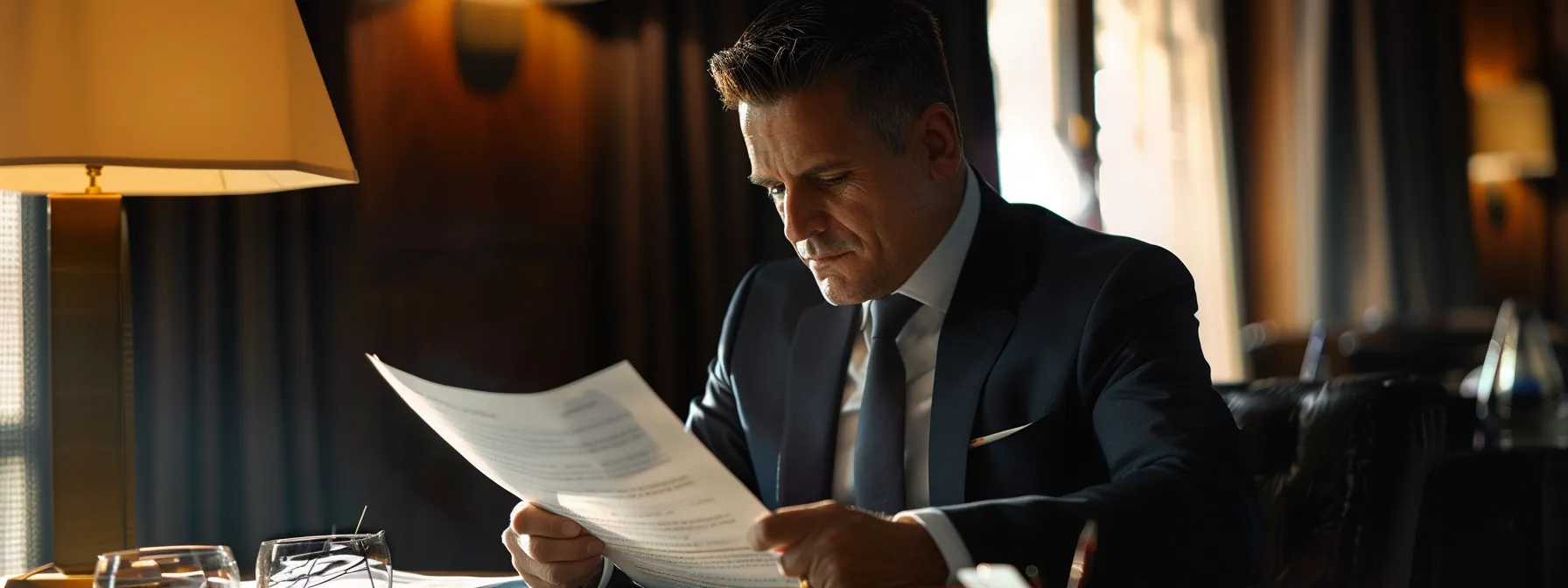 a businessman studying a detailed international contract with focused determination and strategic planning. Businessman reviewing detailed documents in a formal setting, emphasizing the importance of contract management in international transactions.