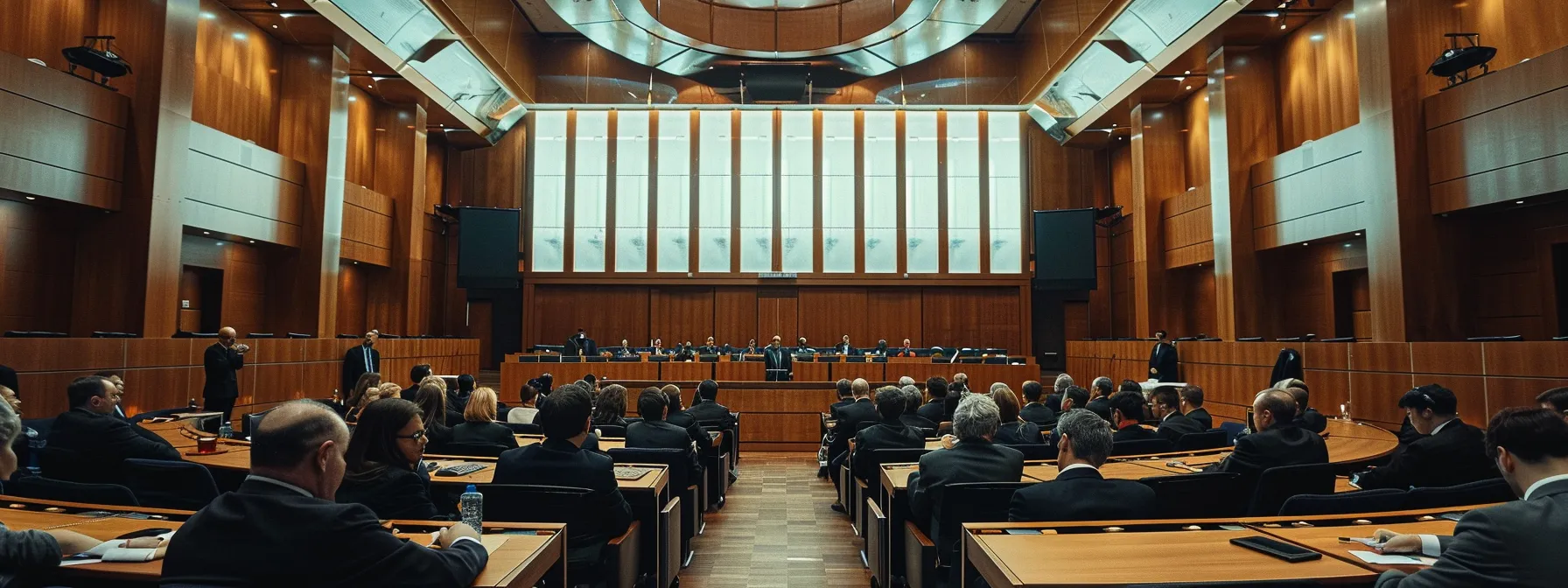 a bustling arbitration hearing room filled with lawyers, arbitrators, and witnesses engaged in intense discussions and evidence presentations. a bustling arbitration hearing room filled with lawyers, arbitrators, and witnesses engaged in intense discussions and evidence presentations.