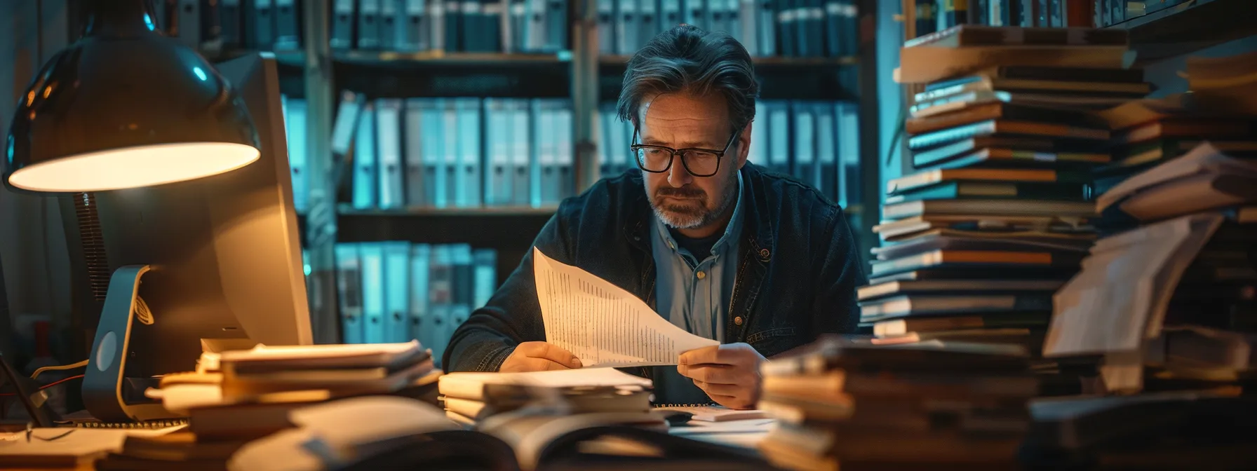 a determined business owner gathering evidence of an sblc contract breach in a dimly lit office, surrounded by stacks of paperwork and a computer screen glowing with important documents. Business professional studying documents in a cluttered office surrounded by books and files, emphasizing the importance of thorough SBLC contract review and dispute resolution.