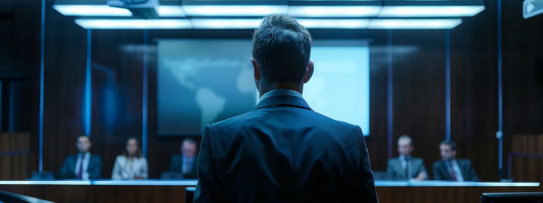 a determined individual meticulously presenting evidence and expert testimonies in a sleek, modern arbitration room when there is a government seizure.