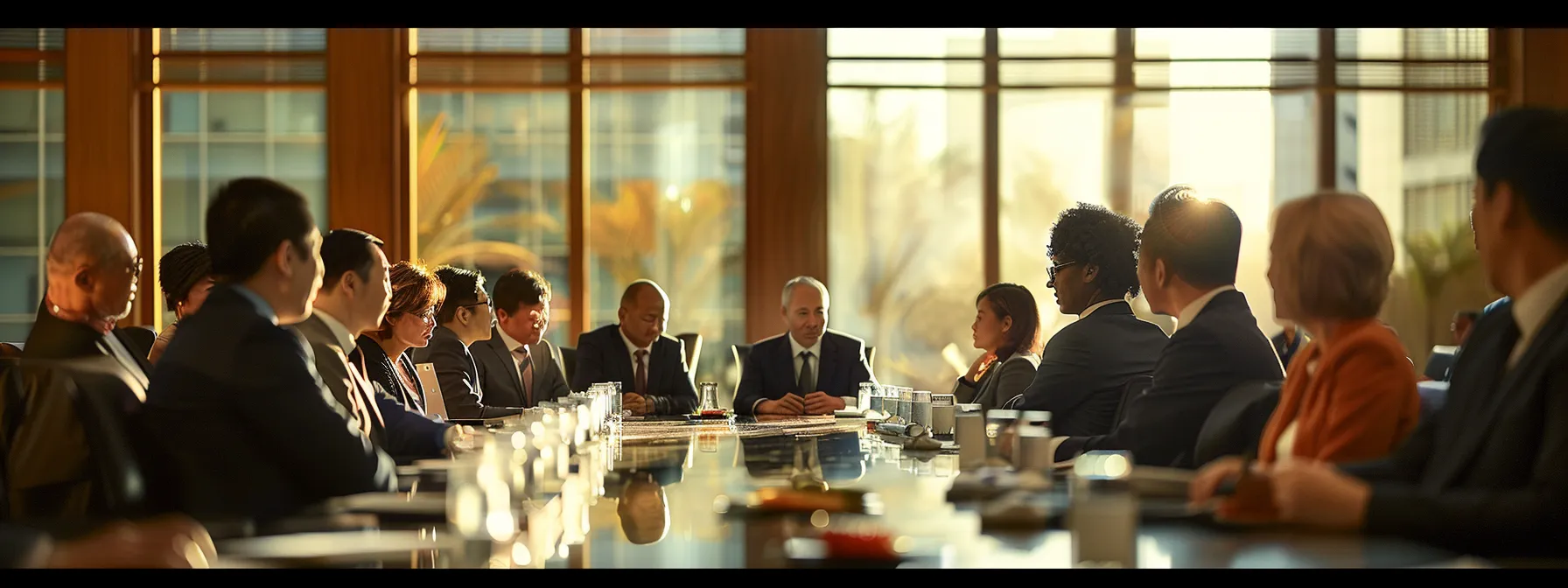 a diverse group of business professionals engaging in a structured international arbitration session amidst a modern conference room setting. Diverse group of business professionals engaged in discussion around a conference table, emphasizing international trade and dispute resolution.