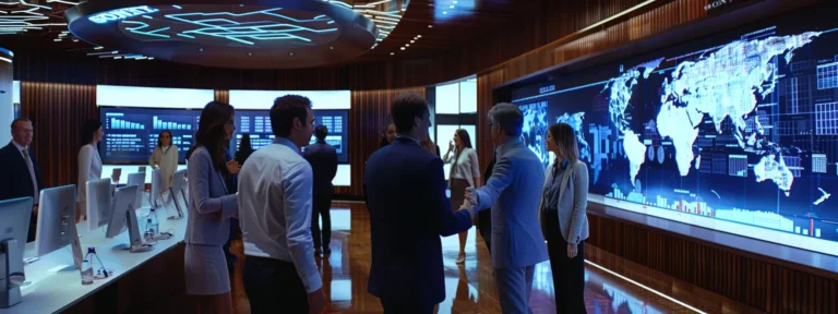 a diverse group of enthusiastic international investors shaking hands in a modern boardroom filled with digital screens displaying financial data.
