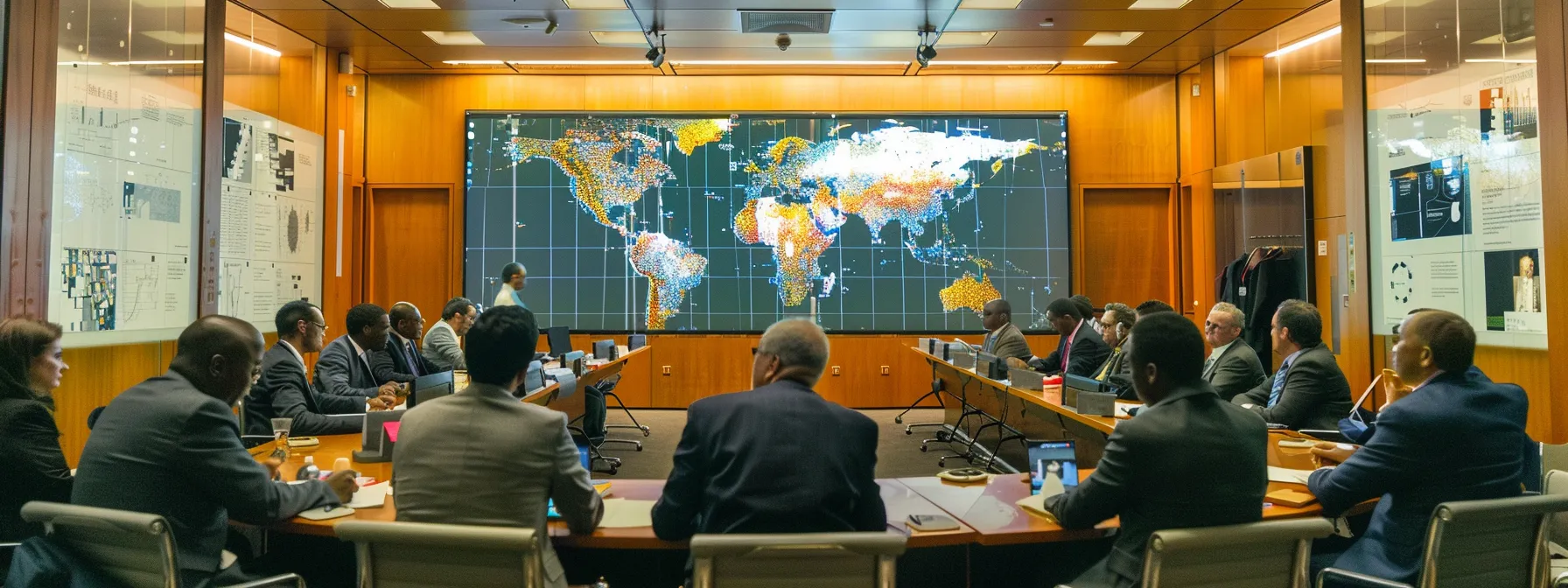 a diverse group of international delegates in a conference room negotiating terms of a cooperation and facilitation investment agreement (cfia) amidst maps and charts representing global investment.
