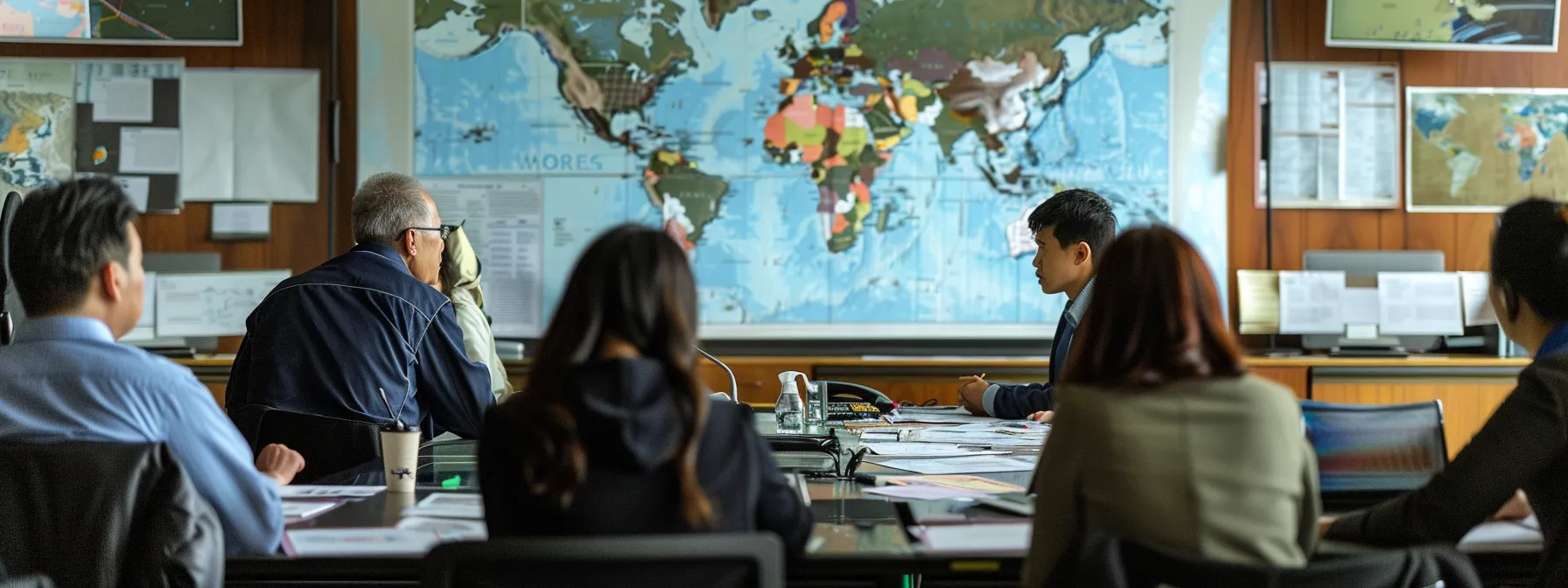 a diverse group of international delegates in a conference room, discussing legal frameworks surrounding cfia with maps and documents spread out on the table.